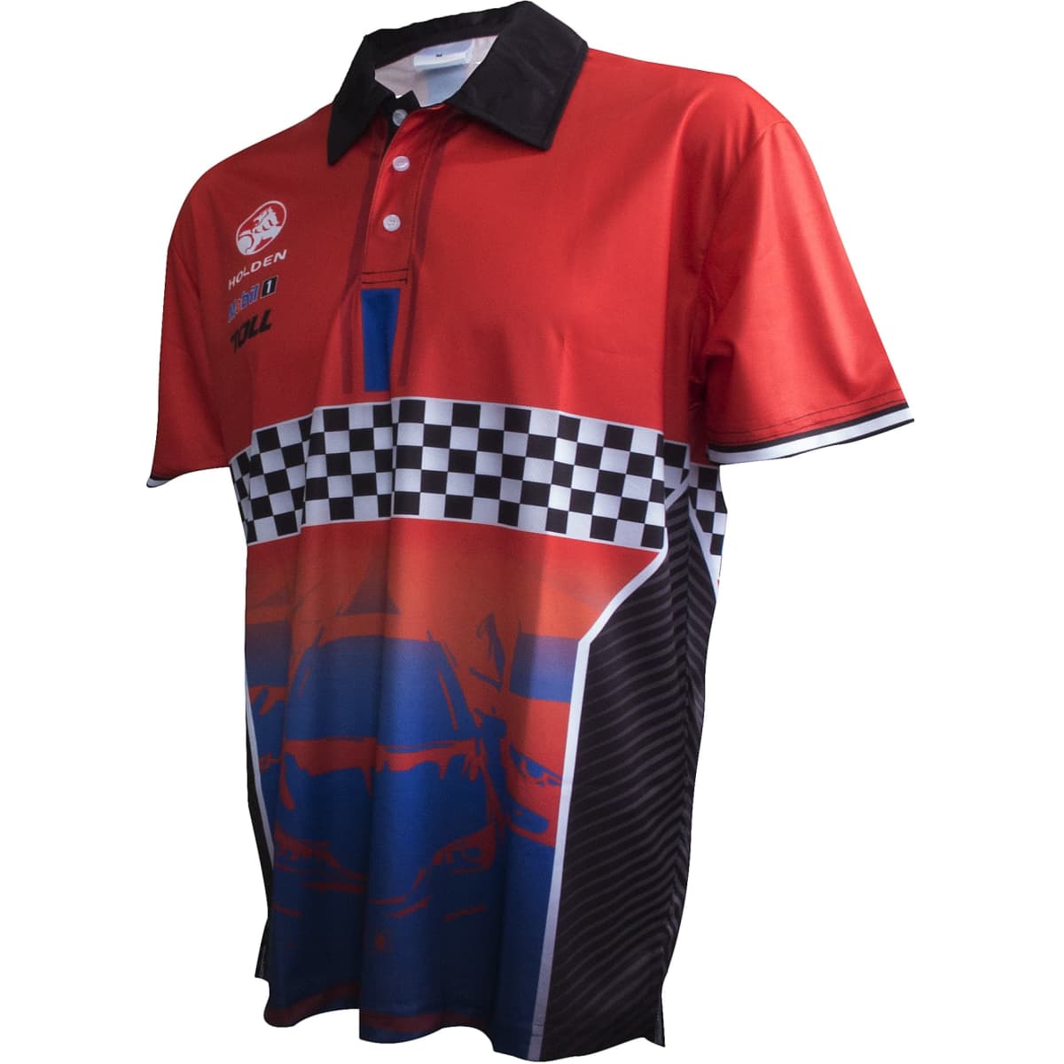 A red and black short sleeve unisex polo shirt with a checkered design and a logo.