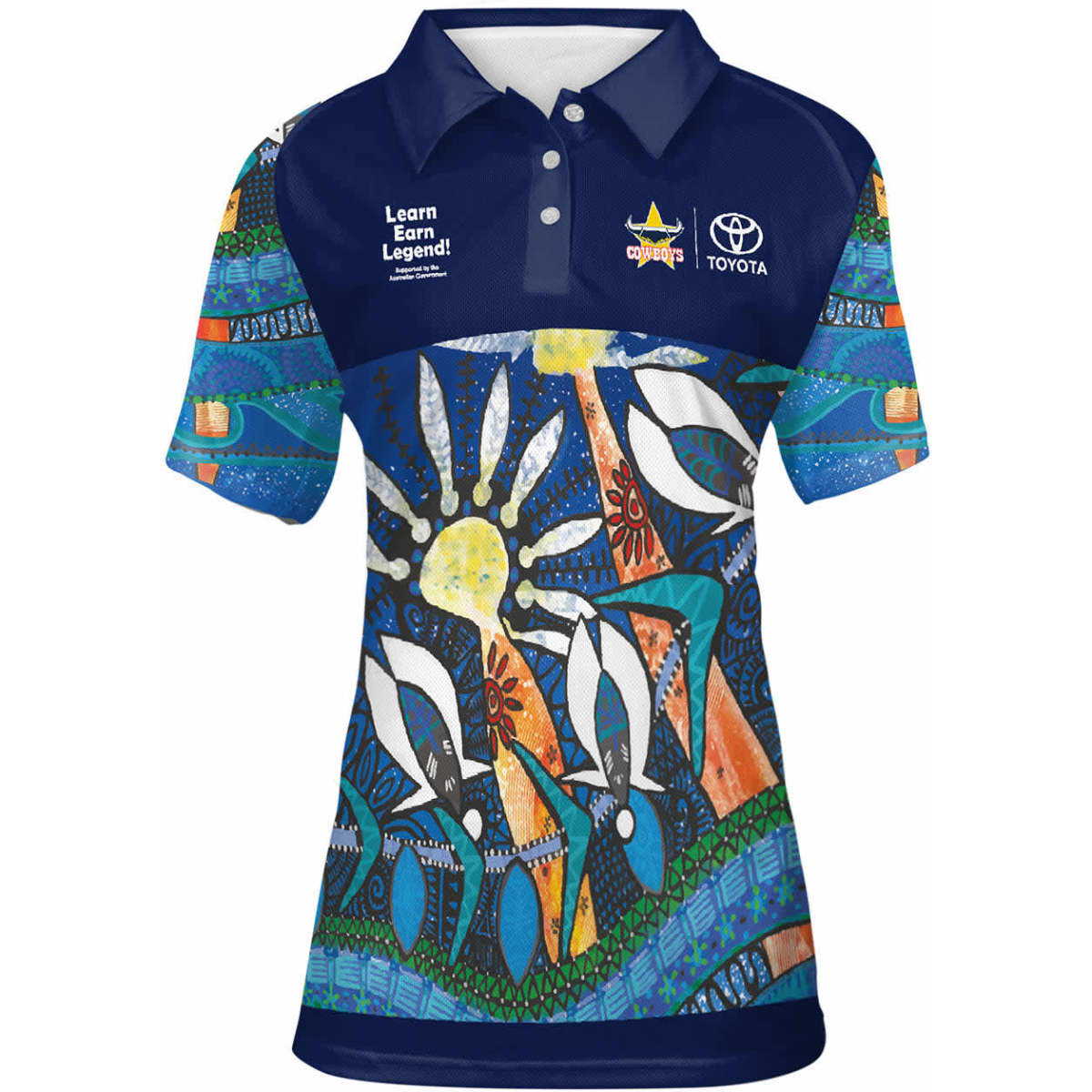 A short-sleeve ladies' polo shirt featuring a vibrant blue design with multicoloured artwork and a logo on the front.