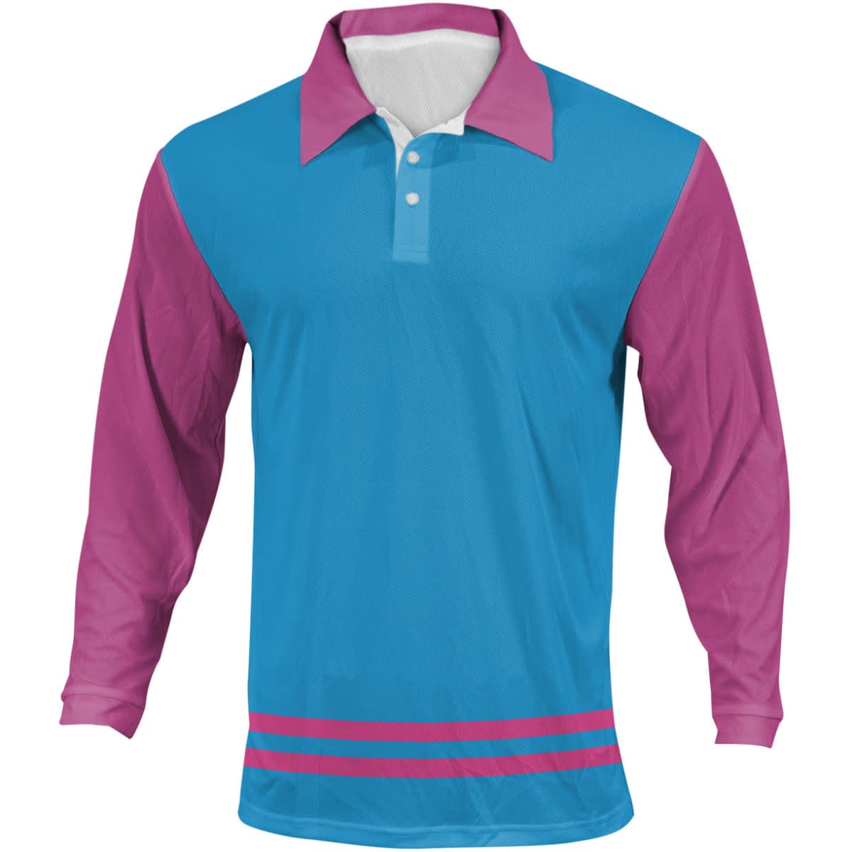 A long sleeve unisex polo shirt in bright blue with pink sleeves and stripes, featuring a collar and buttons.