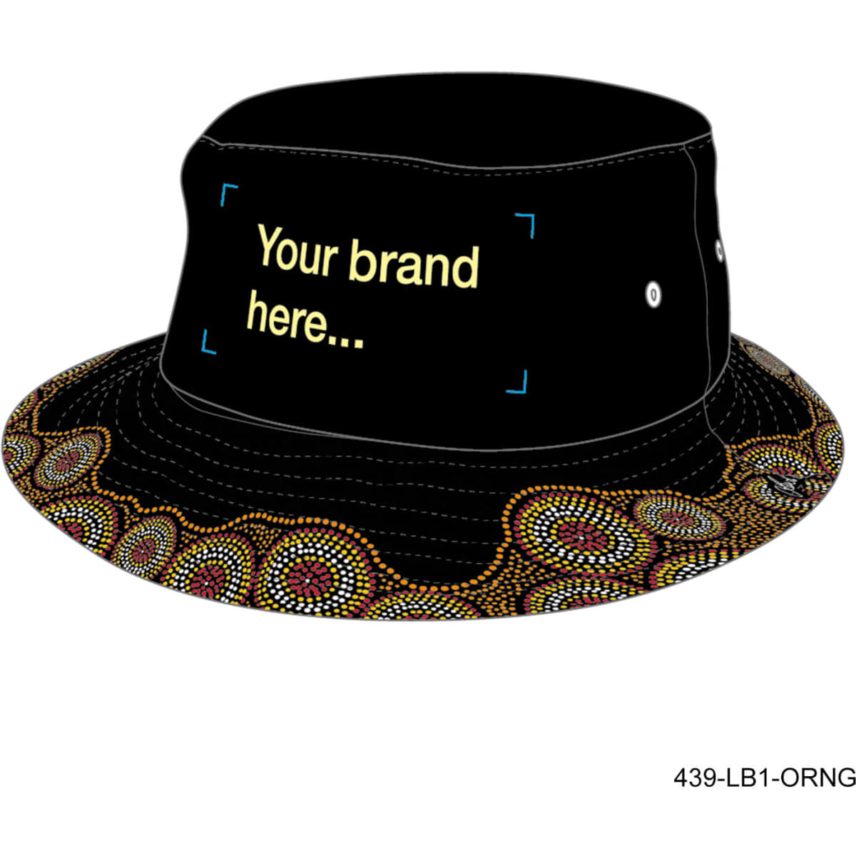 A black sublimated bucket hat with a colourful, patterned trim and a space for branding.