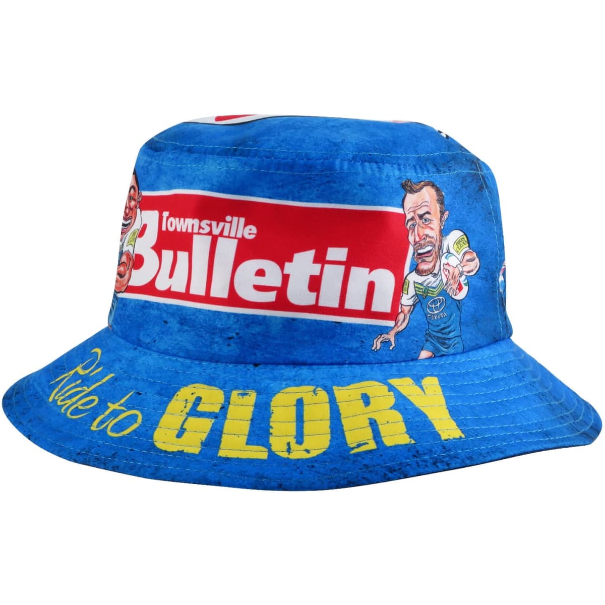 A blue bucket hat featuring various graphics and a logo, with "Ride to Glory" printed on the brim.