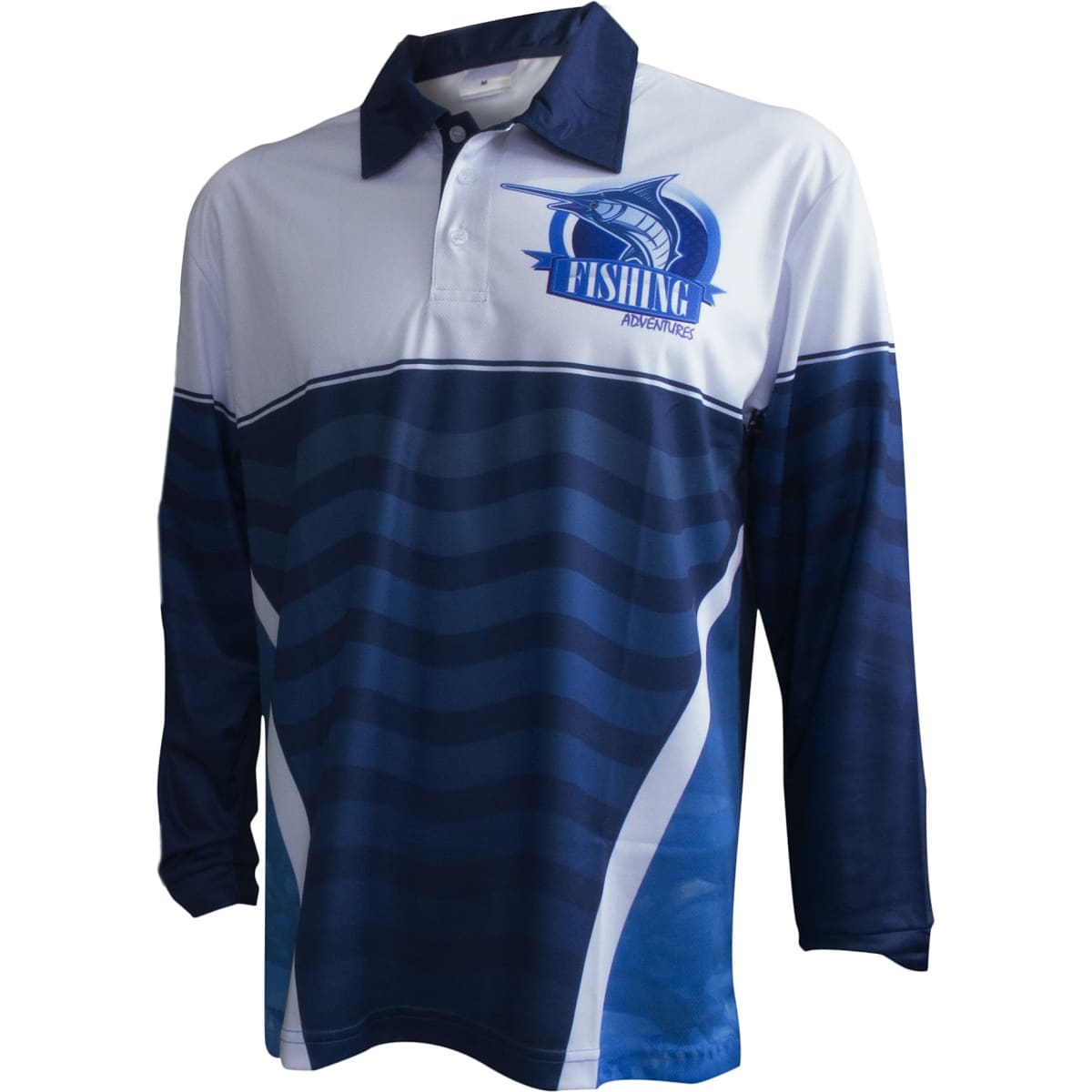 A long-sleeved unisex fishing polo shirt in blue and white, featuring a logo and wave patterns.