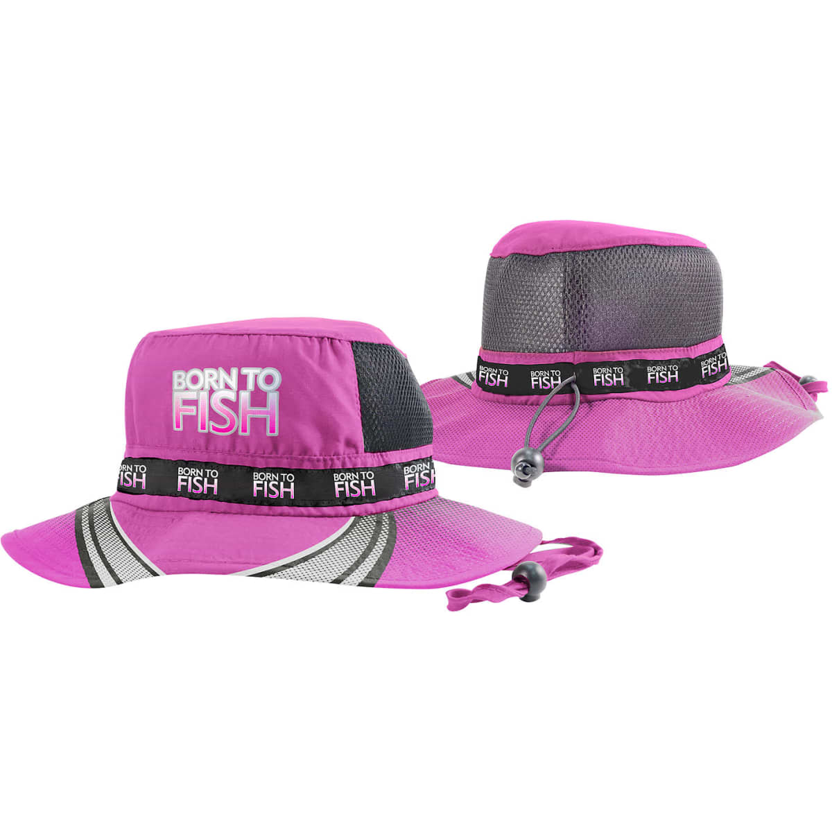 A pink fishing slouch hat featuring mesh panels, a chin strap, and a logo band.