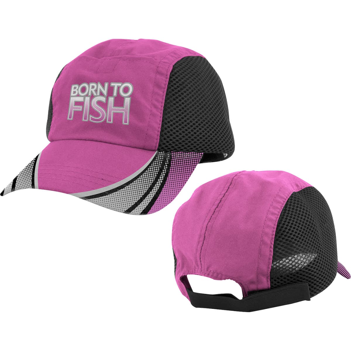 A pink fishing cap featuring mesh panels and a logo, with a curved brim and adjustable strap at the back.