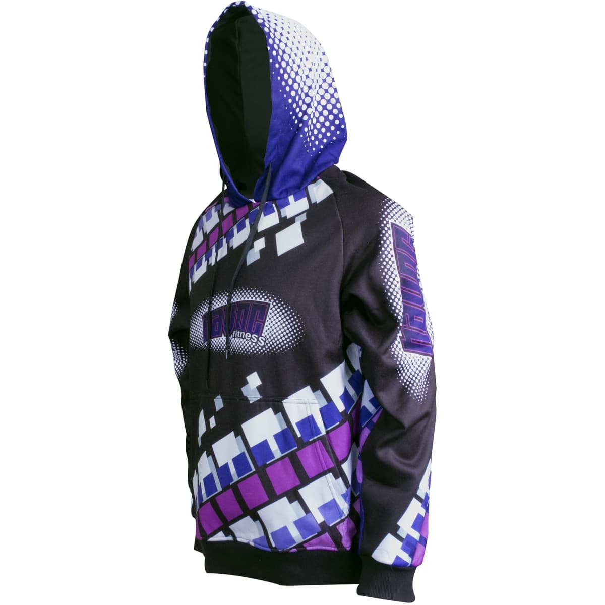 A purple and black adult hoodie featuring a pixelated pattern and a hood. The design includes vibrant geometric shapes.