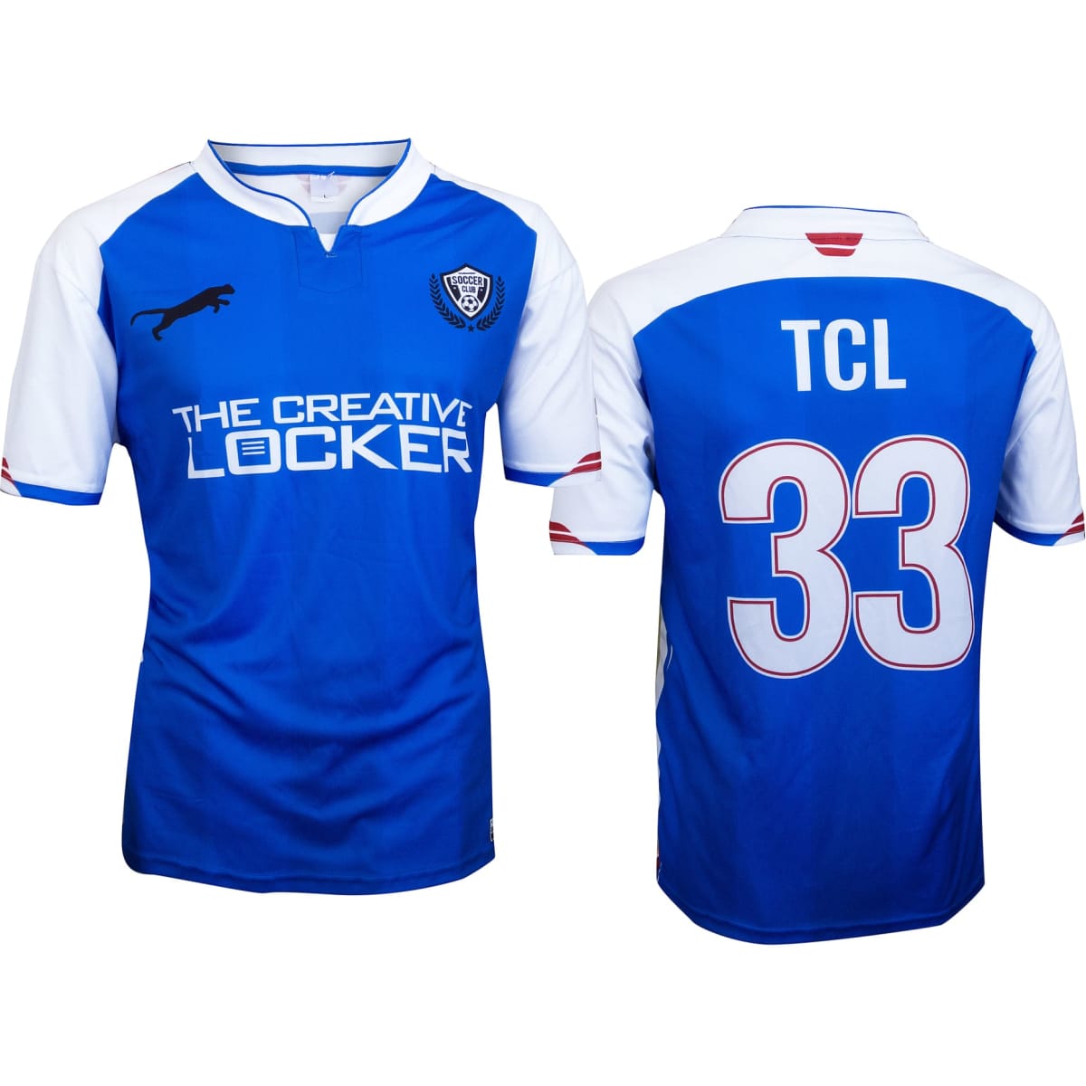 A unisex soccer style t-shirt in blue and white with a logo and the number 33 on the back.