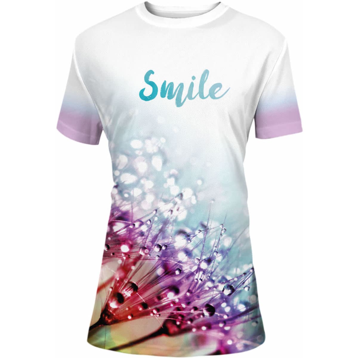 A ladies' crew neck T-shirt in white, featuring a colourful abstract design and a logo.