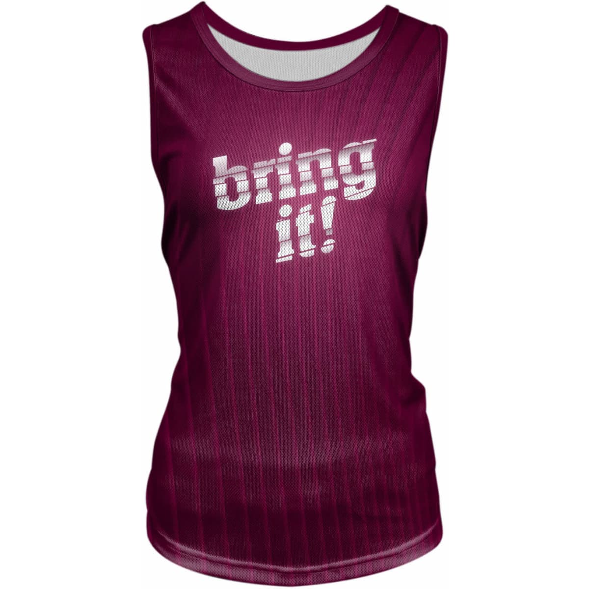 A maroon singlet featuring a print with the text “bring it!” and a logo.