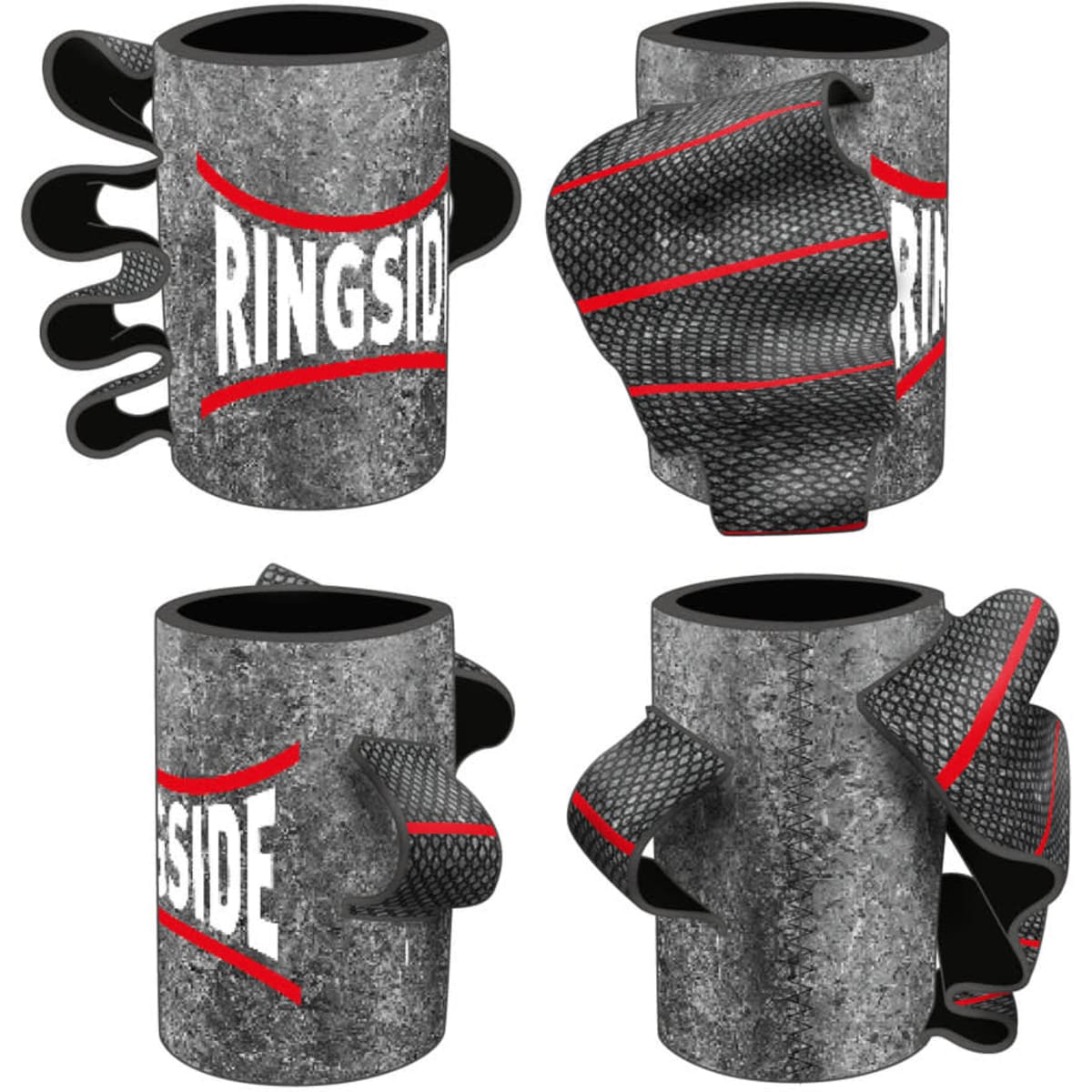 A drink can cooler in grey with a textured finish and red accents, featuring a logo.
