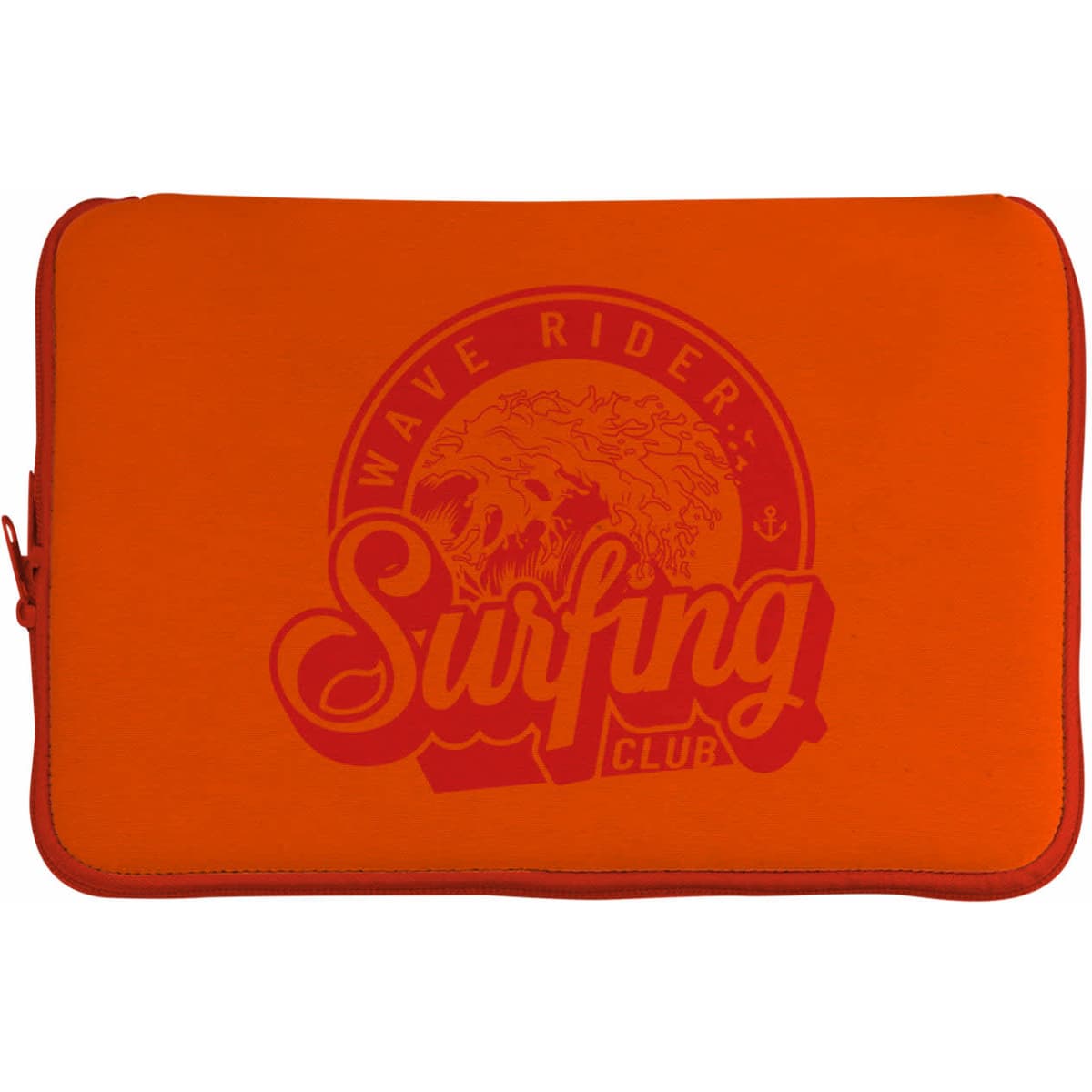 An orange zippered sleeve featuring a design with a surfing theme and a logo.