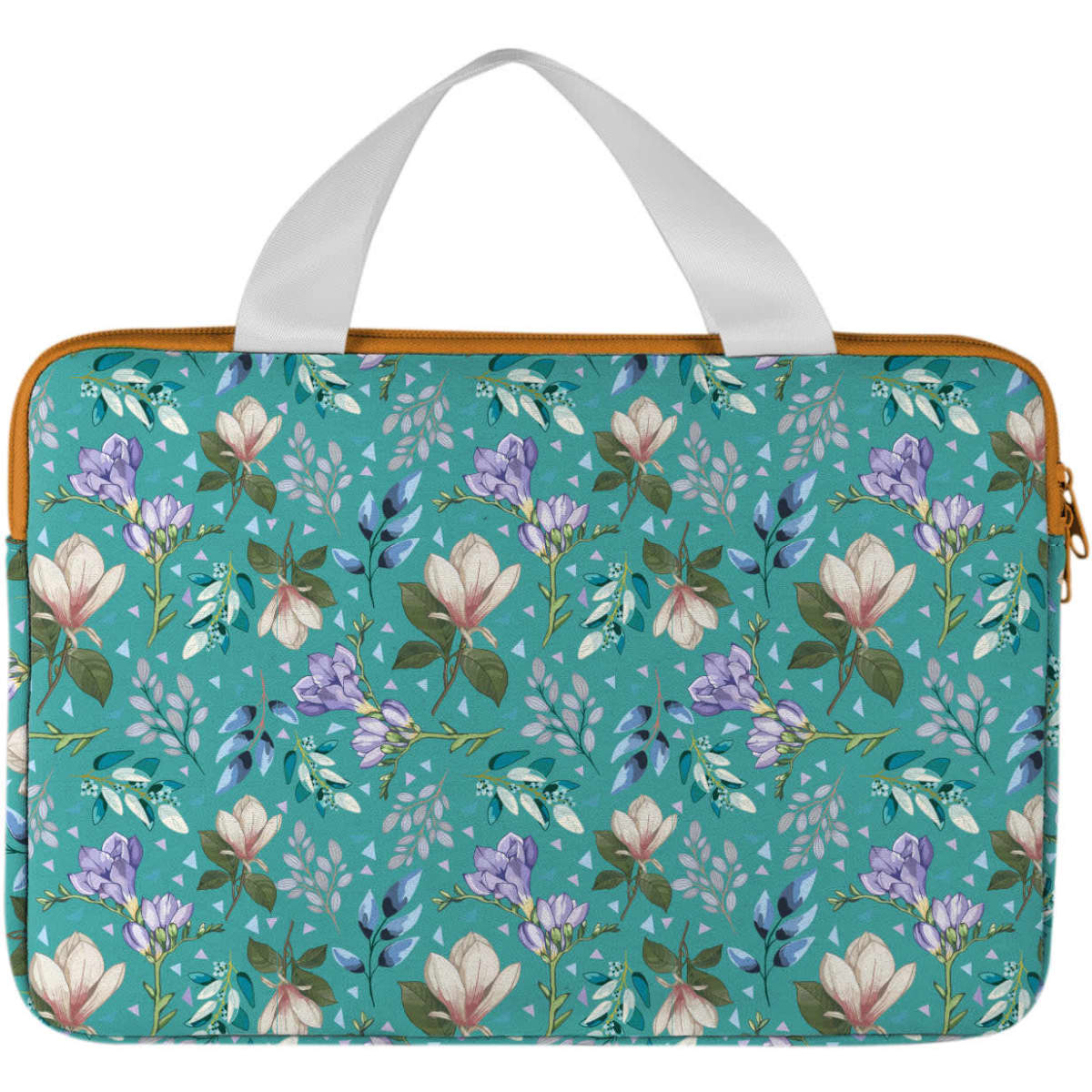 A floral-patterned teal laptop and tablet sleeve featuring a white handle and a zip closure. It also has a logo.