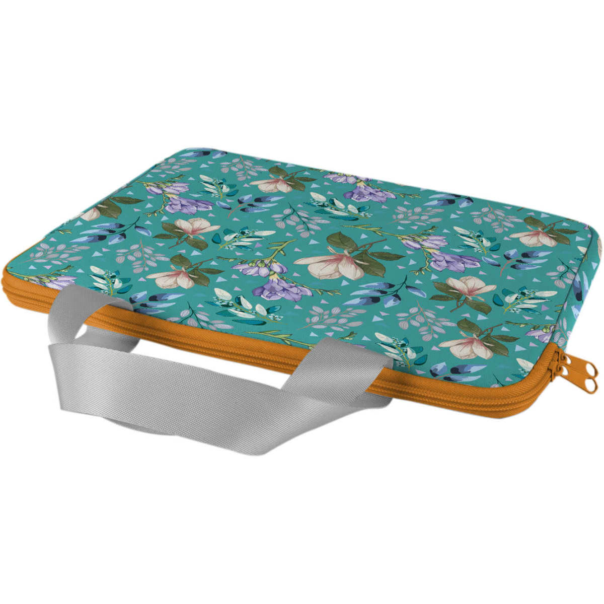 A zippered laptop and tablet sleeve features a floral pattern in shades of turquoise, with a grey handle and orange zipper.