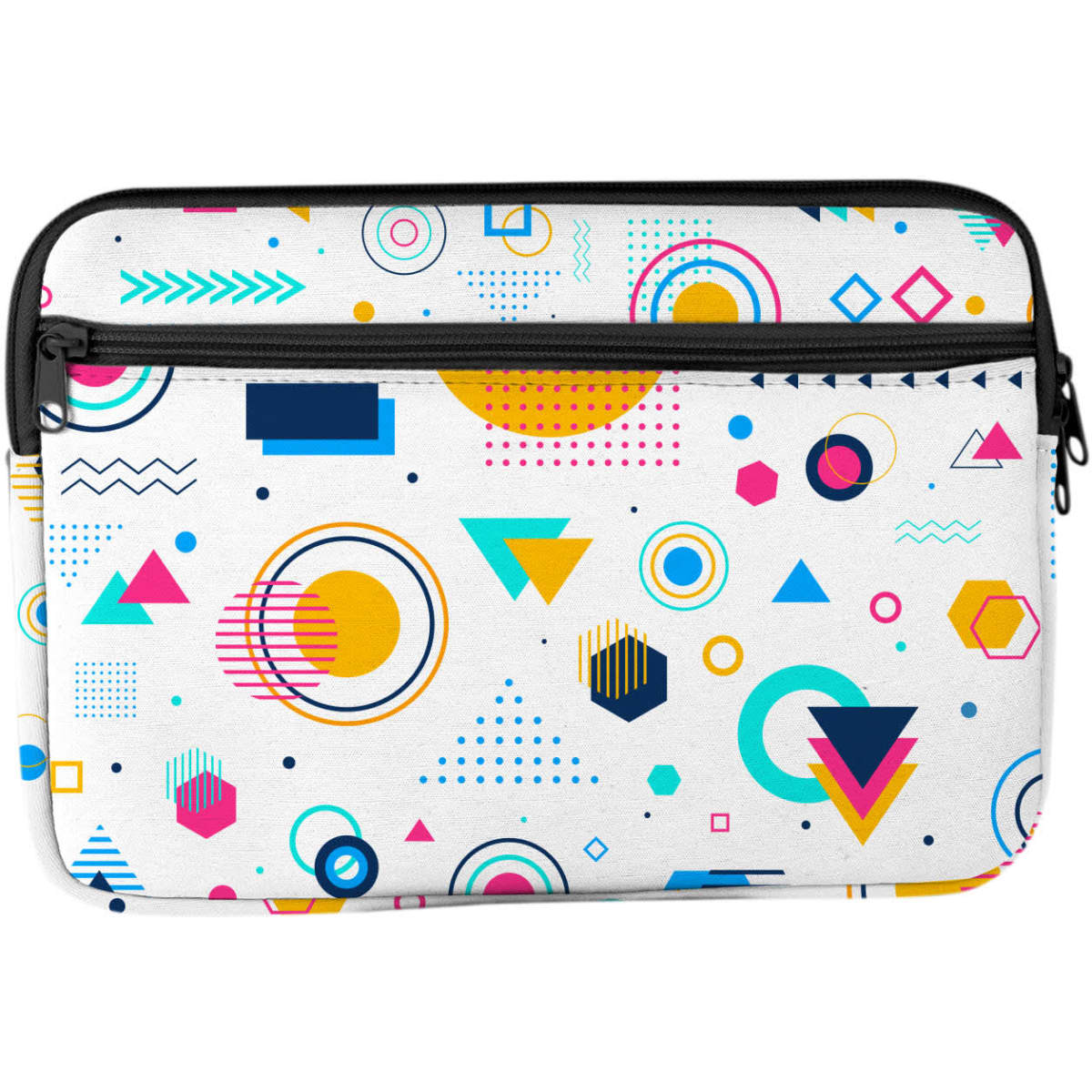 A zippered laptop and tablet sleeve featuring a vibrant pattern of geometric shapes in various colours on a white background.