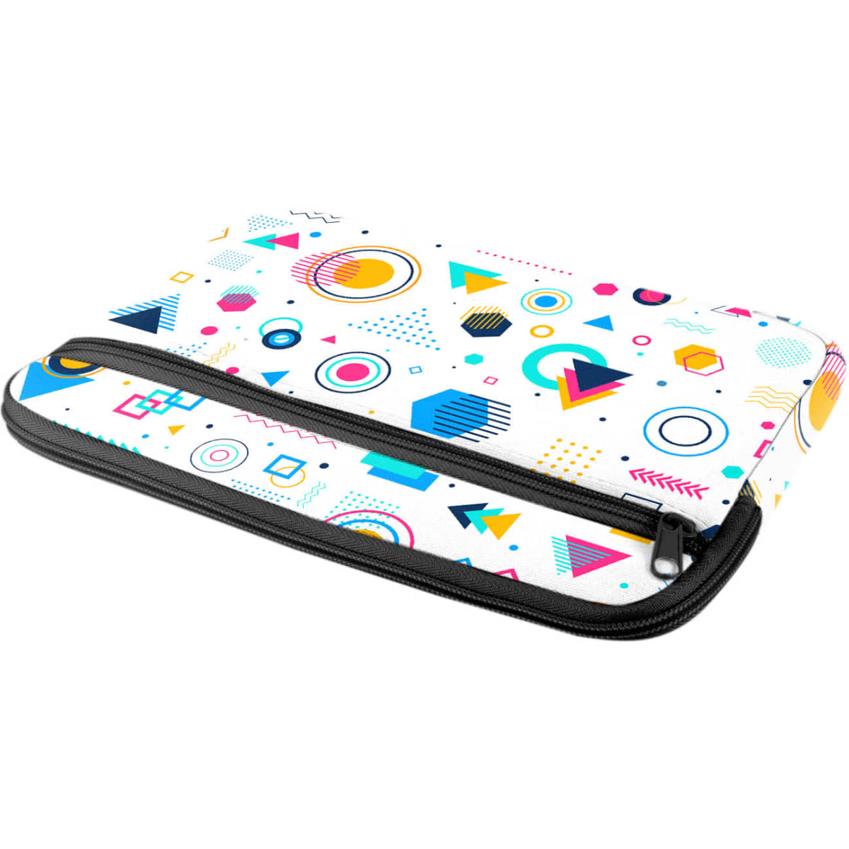 A zippered laptop and tablet sleeve in white with a colourful geometric design and a pocket. Features a logo.