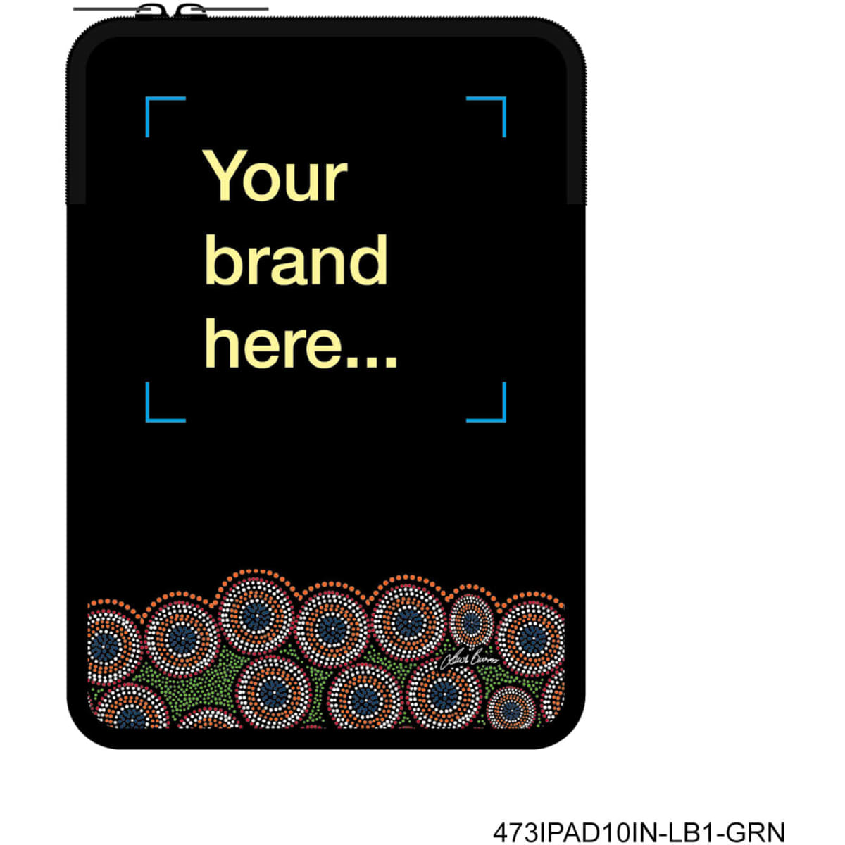A zippered laptop and tablet sleeve featuring a black background with colourful Aboriginal-inspired patterns and a branding area.