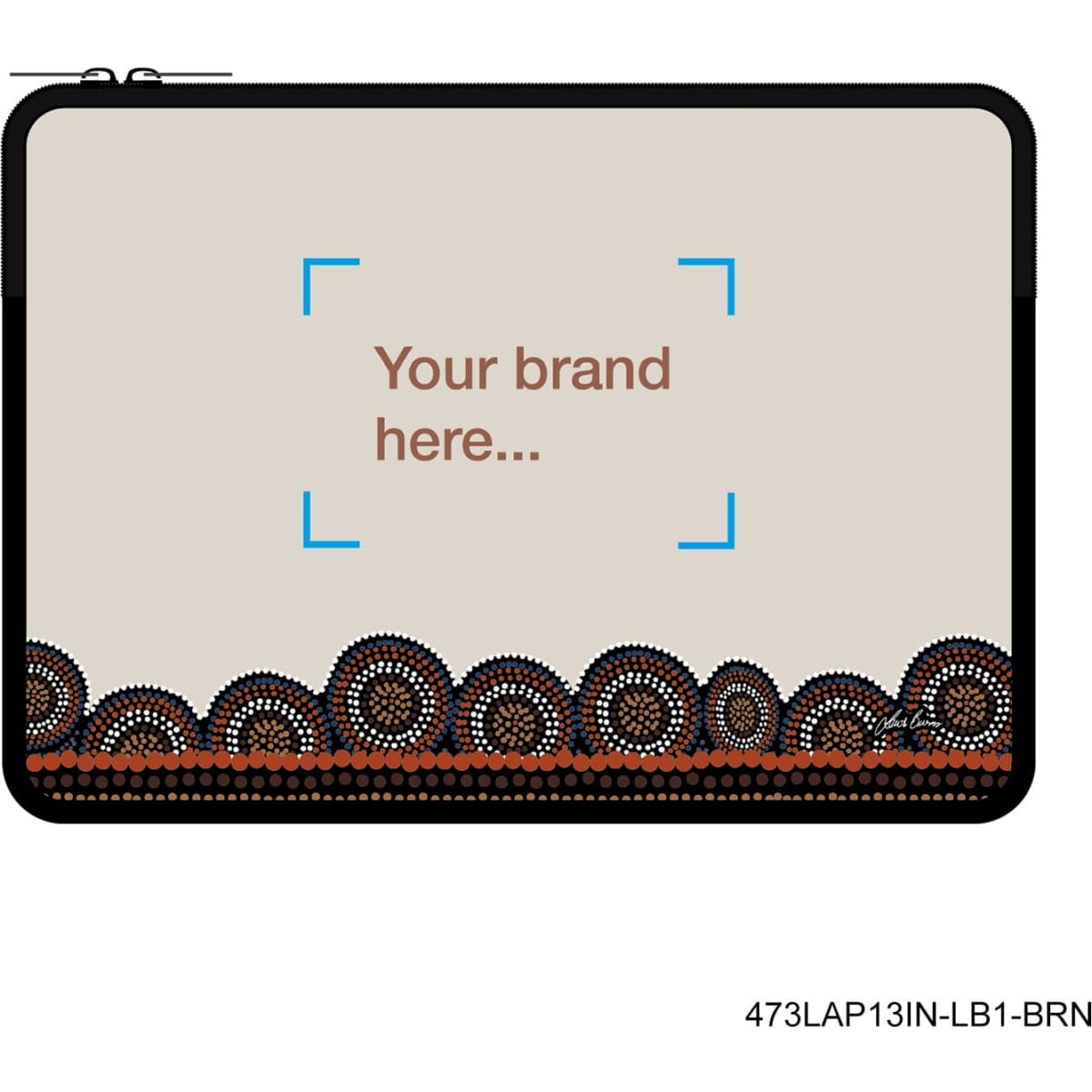A zippered laptop and tablet sleeve in cream, featuring a decorative patterned border and a branding area.