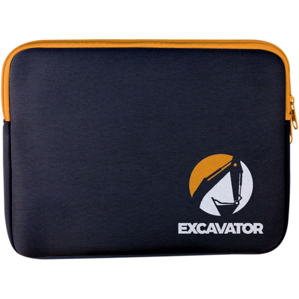 A zippered laptop and tablet sleeve in black with a contrasting yellow zipper and a branded logo.