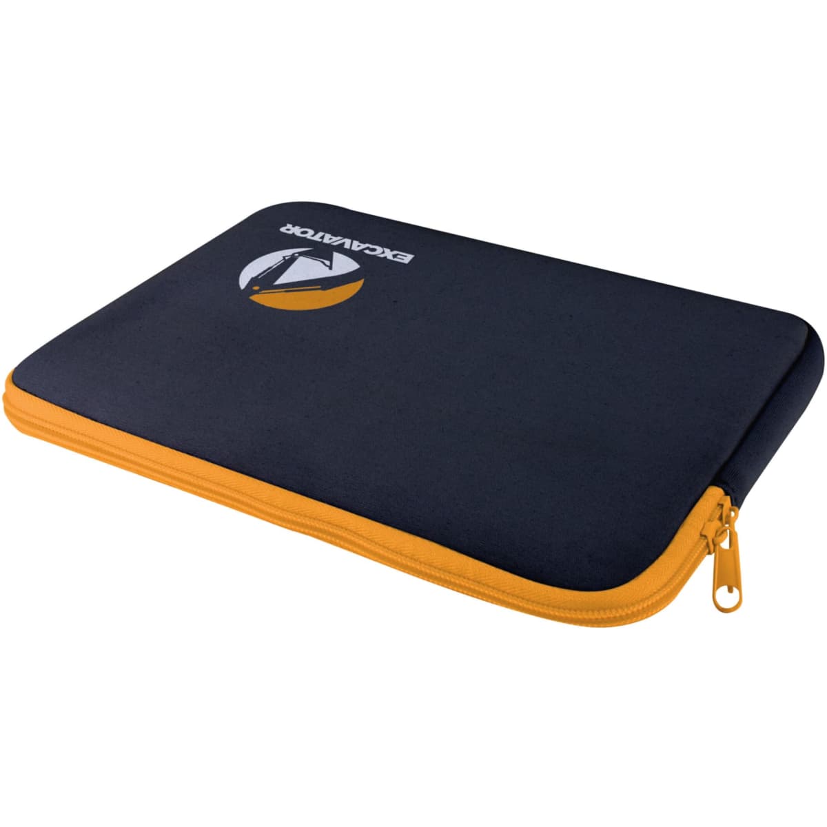 A zippered laptop and tablet sleeve in black with orange accents, featuring a logo on the front.