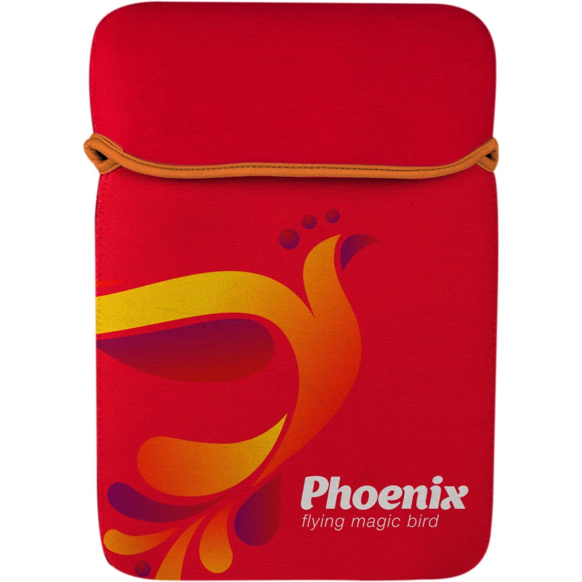 A vibrant red tablet sleeve featuring a stylised bird design and an orange drawstring. It includes a logo.