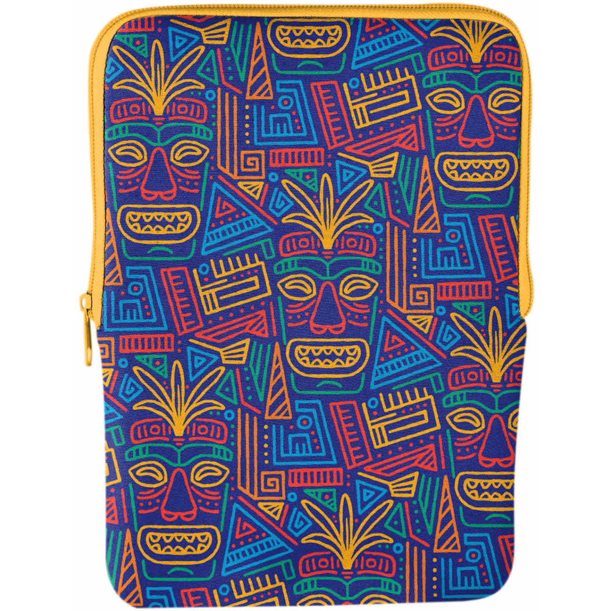 A zippered tablet sleeve featuring a vibrant, multicoloured tribal pattern on a blue background.