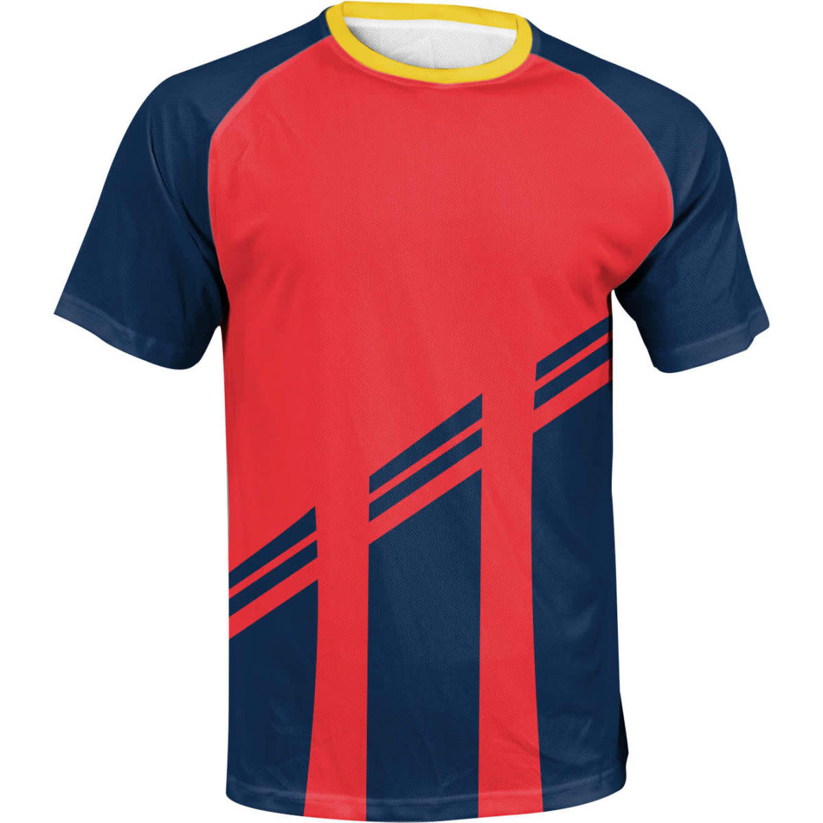 A unisex raglan t-shirt featuring red and navy colours with a yellow collar and striped design. Includes a logo.