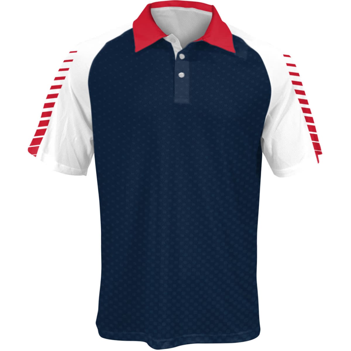 A unisex raglan polo shirt in navy with red and white sleeves, featuring a logo on the front.