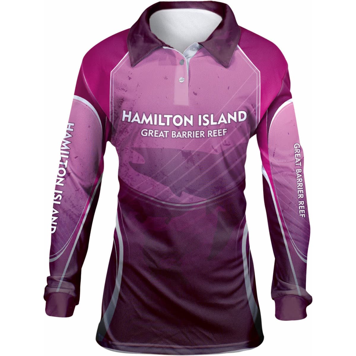 A long-sleeved polo shirt in various shades of pink with a logo, featuring a sporty design inspired by fishing.