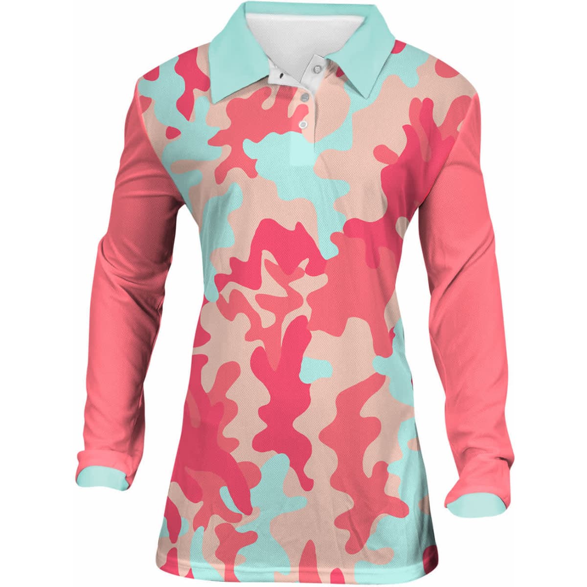 A long sleeve ladies' polo shirt featuring a pink and aqua camouflage pattern with a light blue collar.