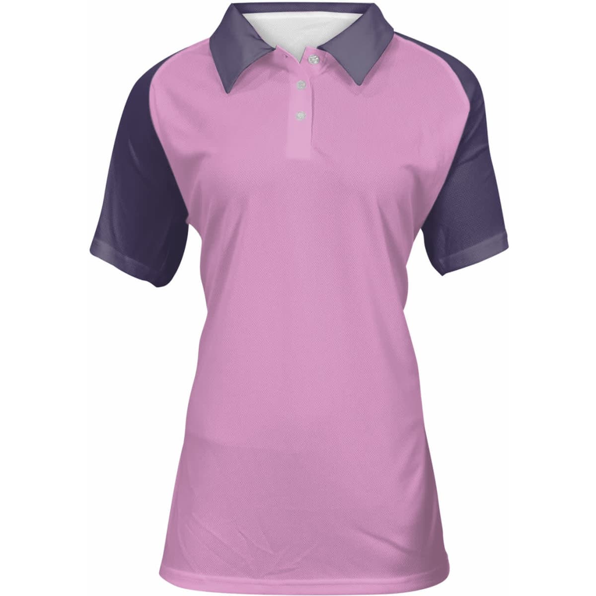 A ladies' raglan polo shirt in pink with navy sleeves and a collar, featuring a logo on the chest.