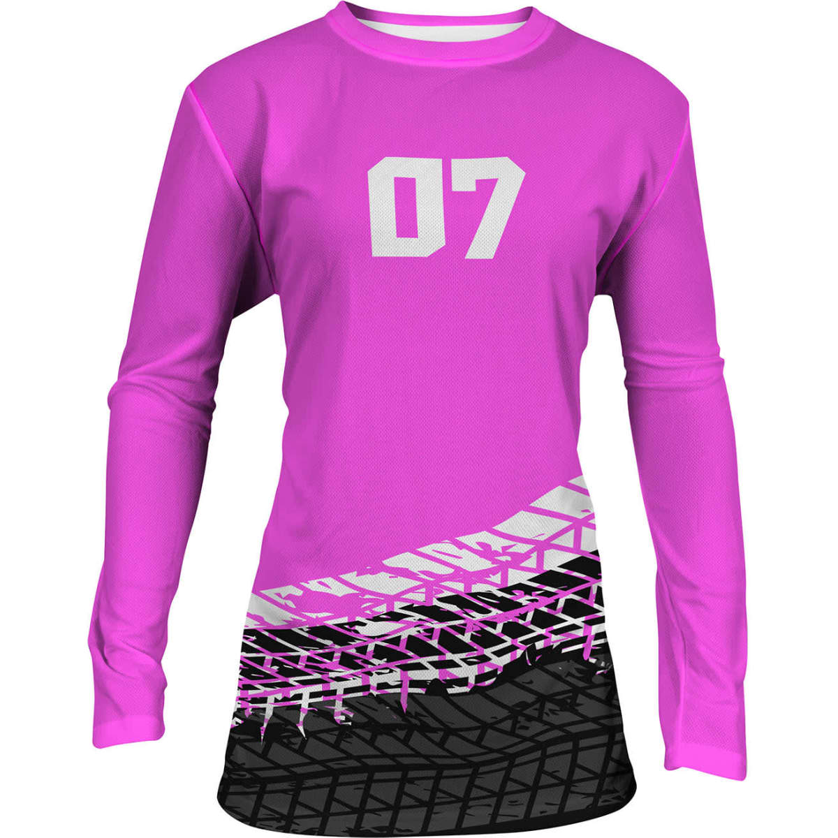 A long sleeve ladies T-shirt in pink with a black and white graphic design, featuring a number 07.