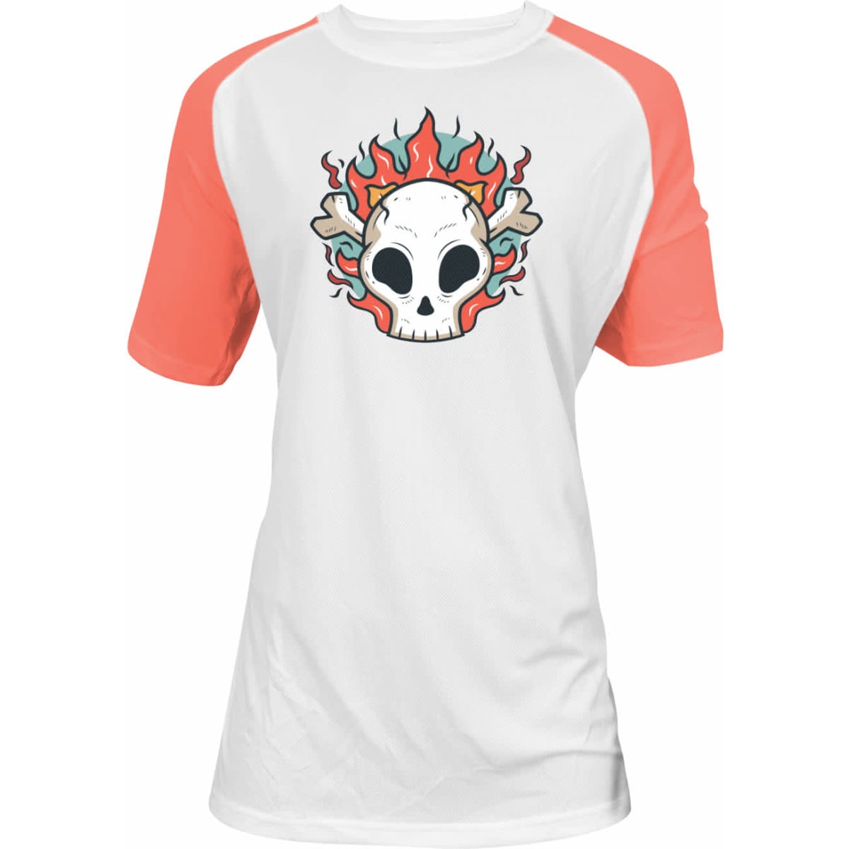 A raglan T-shirt for ladies featuring a skull design with flames, white body and coral sleeves. It has a logo.