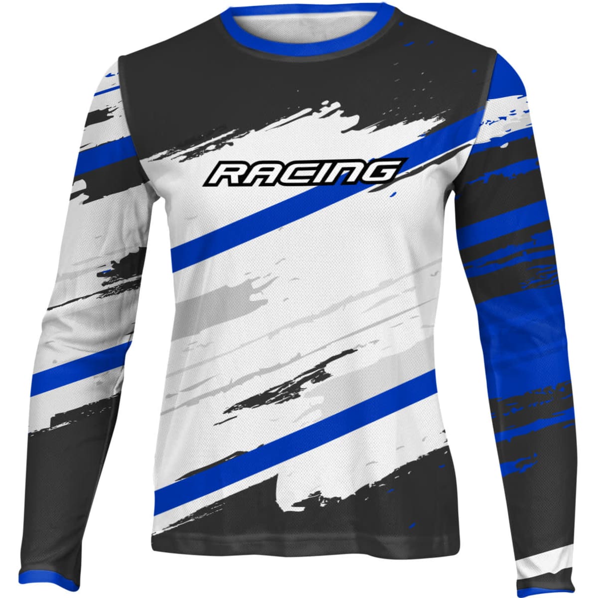 A long sleeve youth T-shirt featuring a black, white, and blue design with a logo.