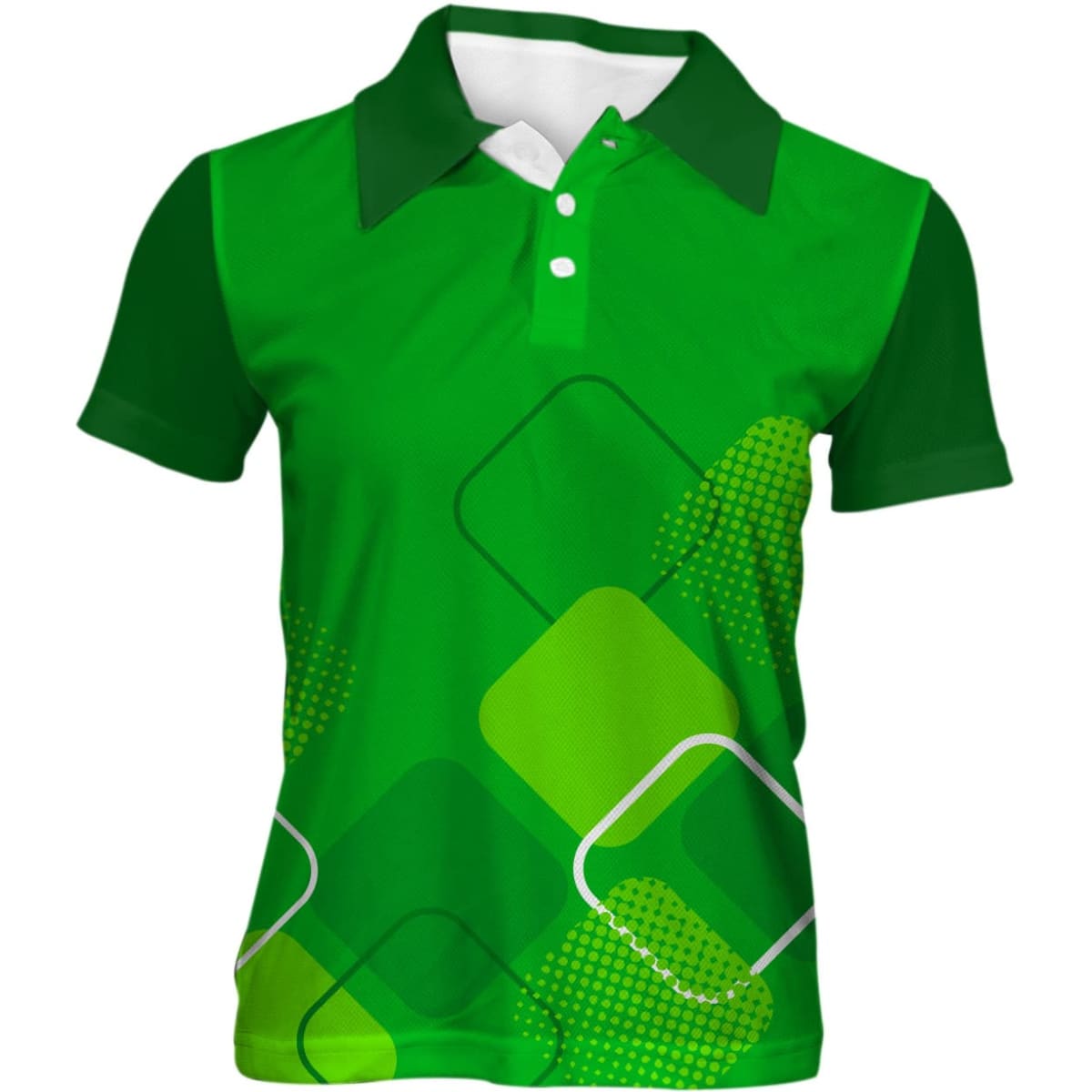 A short sleeve youth polo shirt in green with a geometric pattern and a logo on the chest.