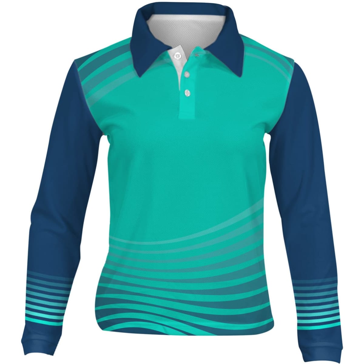 A long sleeve youth polo shirt in teal and navy blue with a wave pattern and a logo.