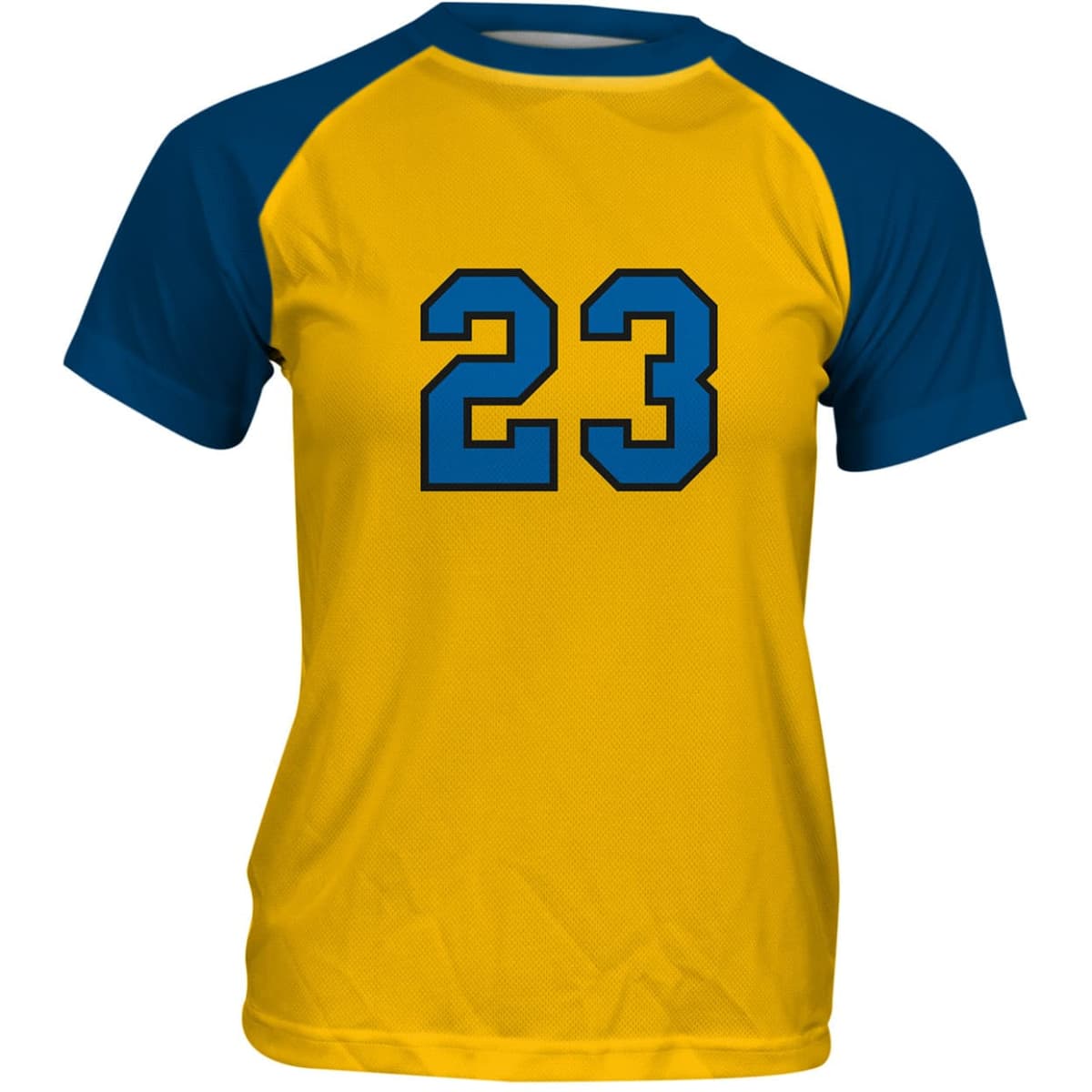 A youth raglan T-shirt featuring a yellow body and blue sleeves, with the number 23 printed on the front.