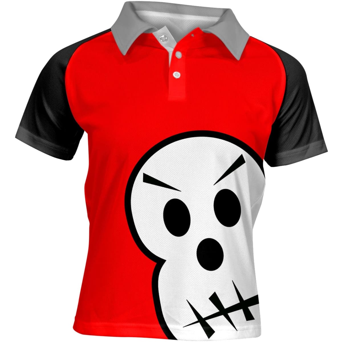 A red and black raglan polo shirt for youth with a large skull graphic on the front. It has a logo on the collar.