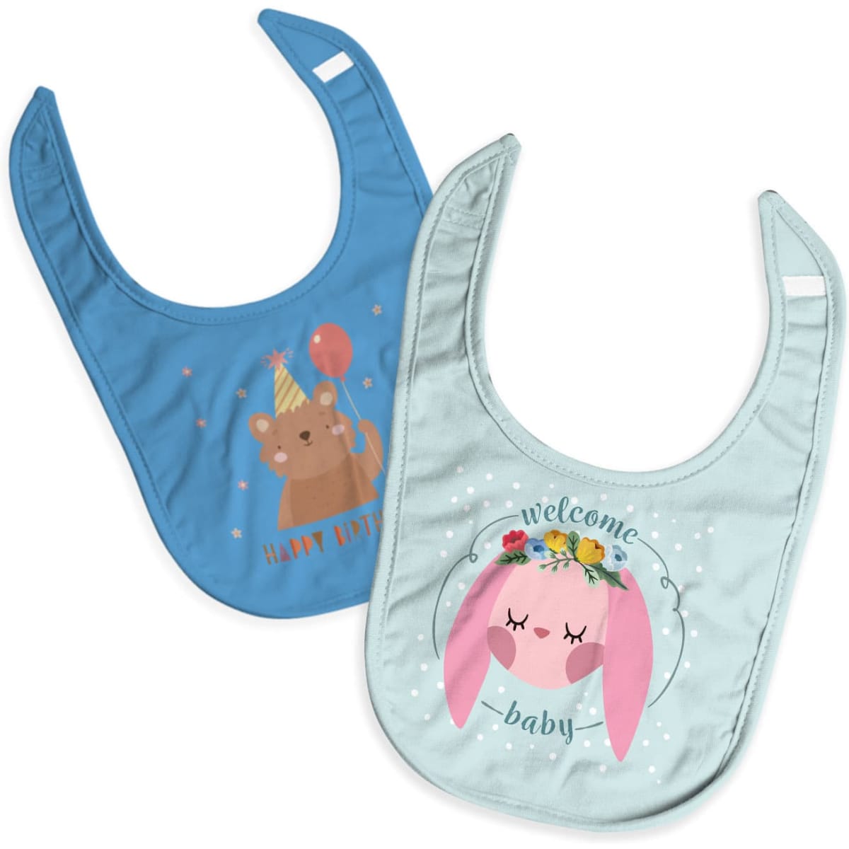 Two baby bibs: one in blue with a bear design, the other in light green featuring a bunny design and floral elements.