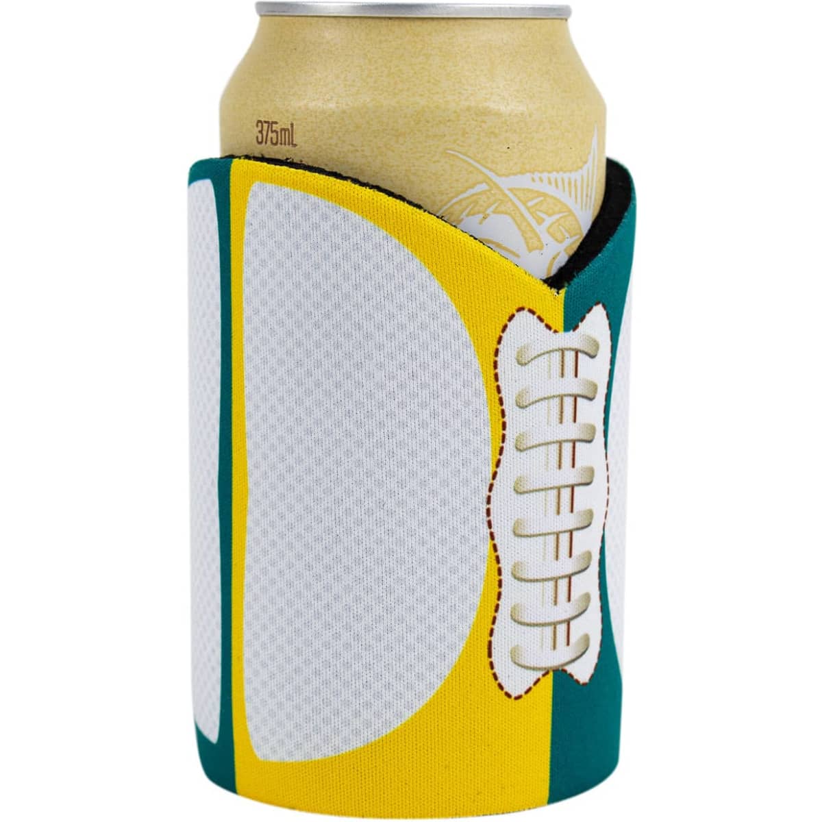 A drink bottle cooler with a football design in green, yellow, and white, featuring a logo.