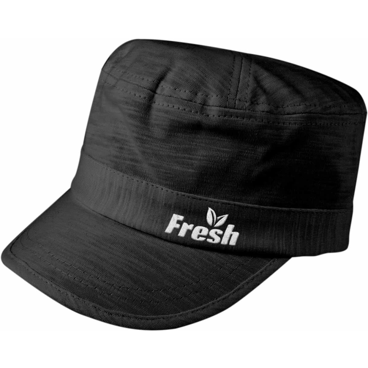 A black bamboo military cap with a folded brim and a logo on the front.