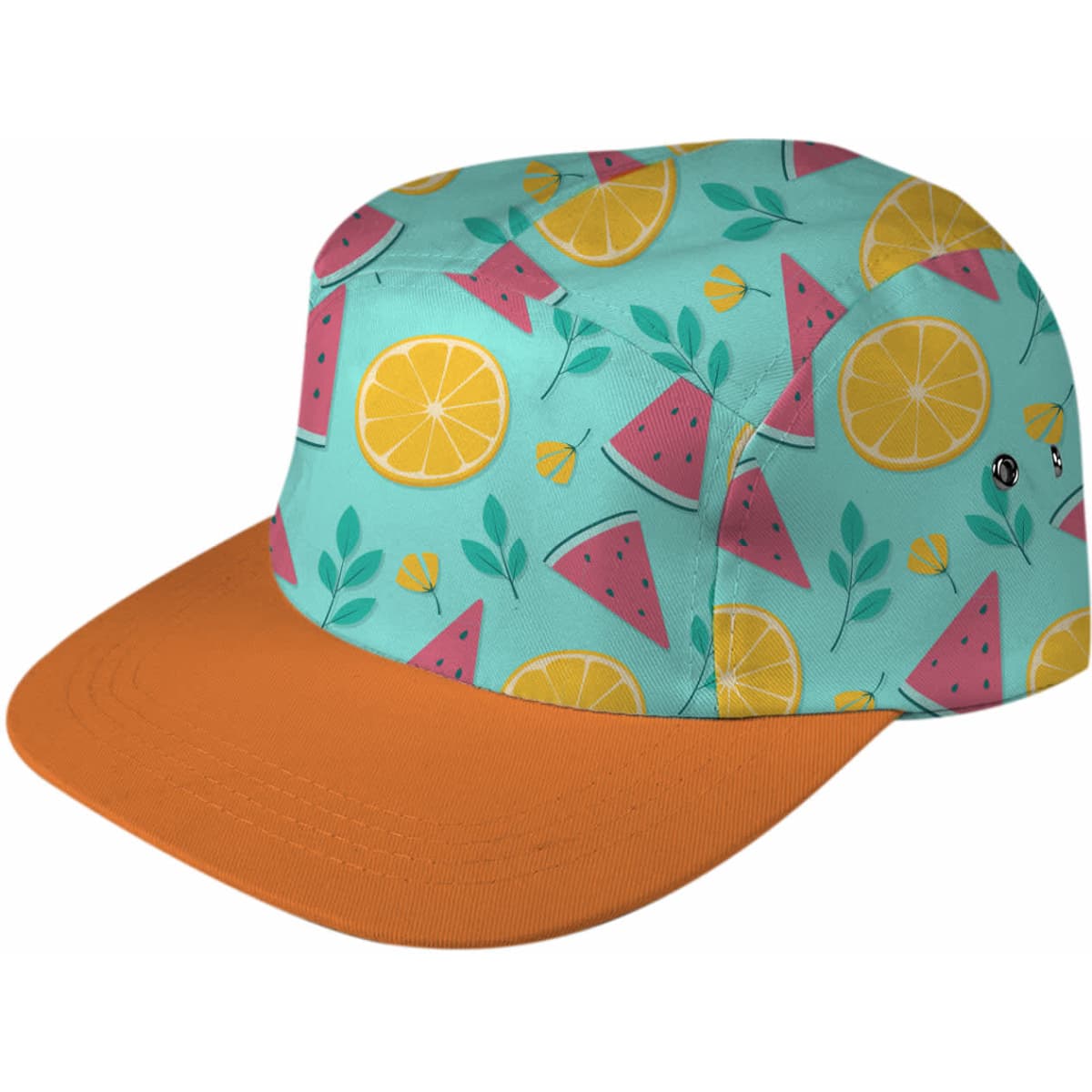 A short brim flat peak cap featuring a vibrant pattern of watermelons, lemons, and floral designs on a teal background with an orange peak.