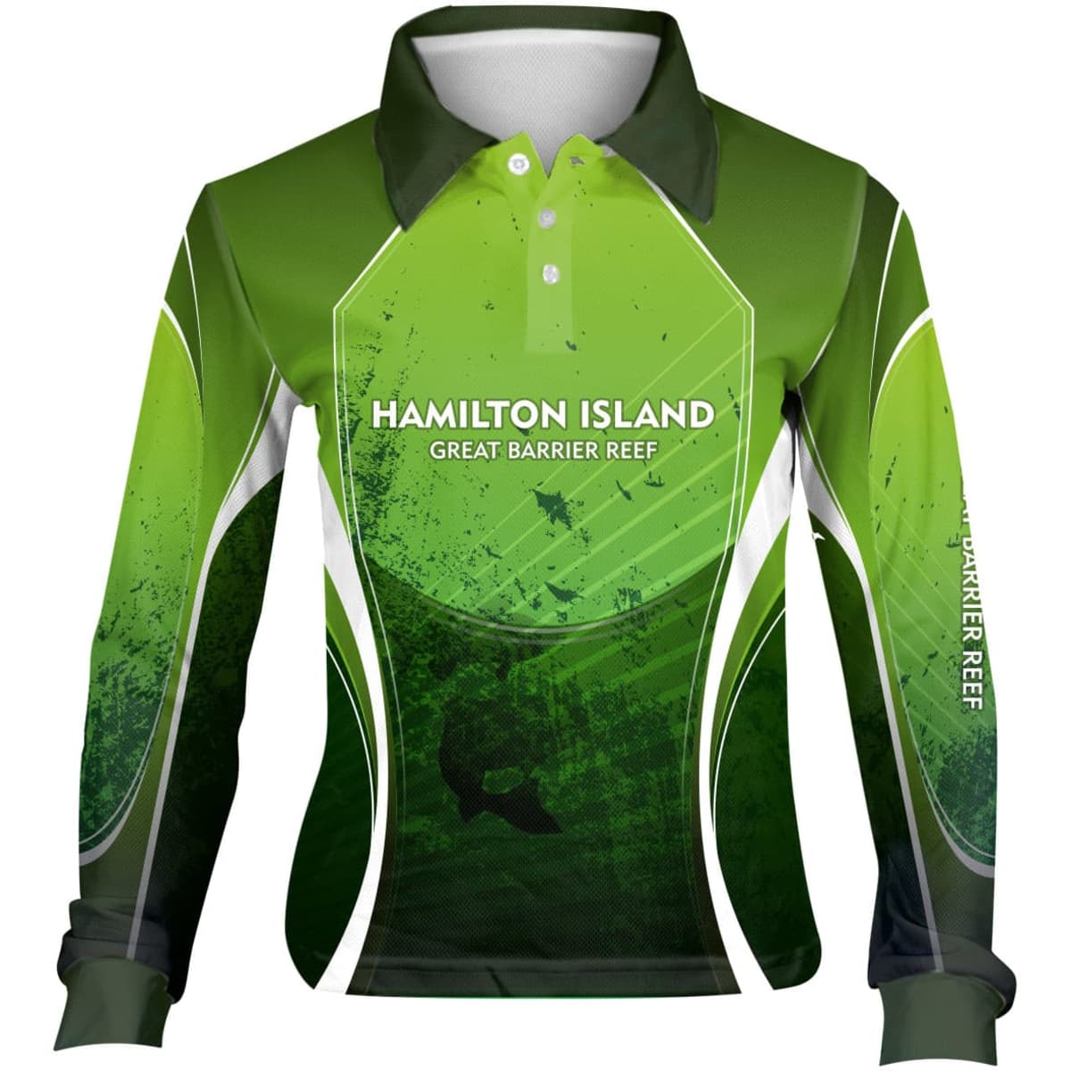 A green youth fishing polo shirt featuring a logo and abstract design. Long sleeves and a classic collar included.