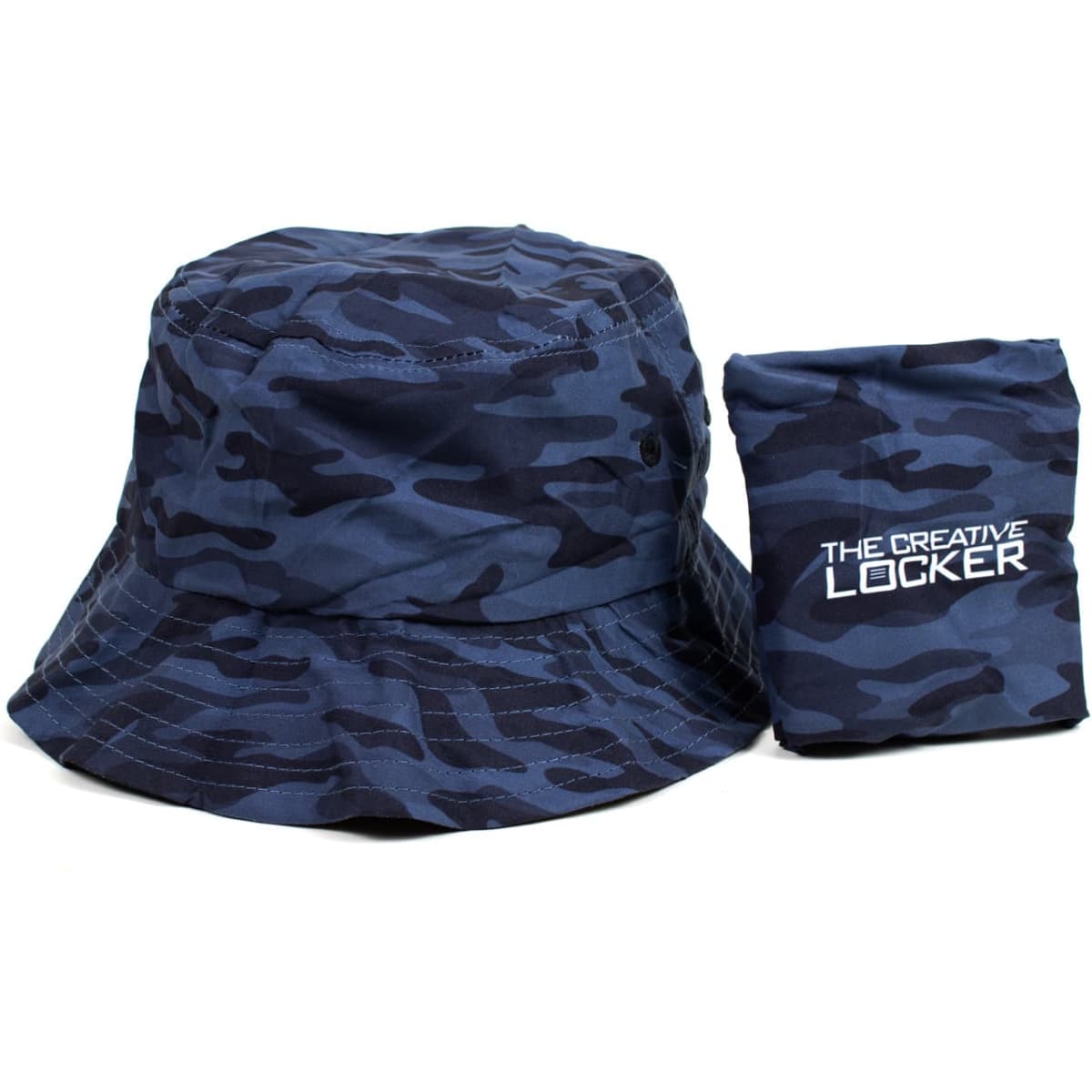 A navy camouflage bucket hat with a matching pouch. The hat has a logo on the side.