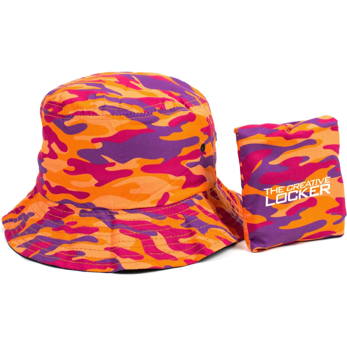 A bucket hat in vibrant orange, purple, and pink camouflage, paired with a matching pouch. It features a logo.