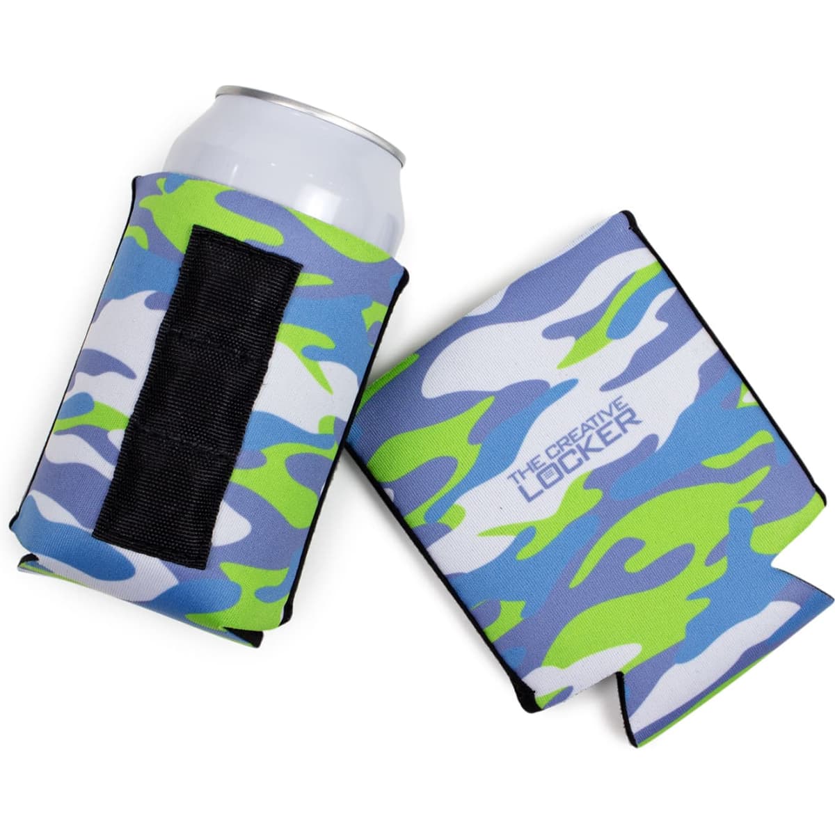 A drink bottle in a blue and green camouflage foldable magnetic can cooler with a black strip. Branding is visible.