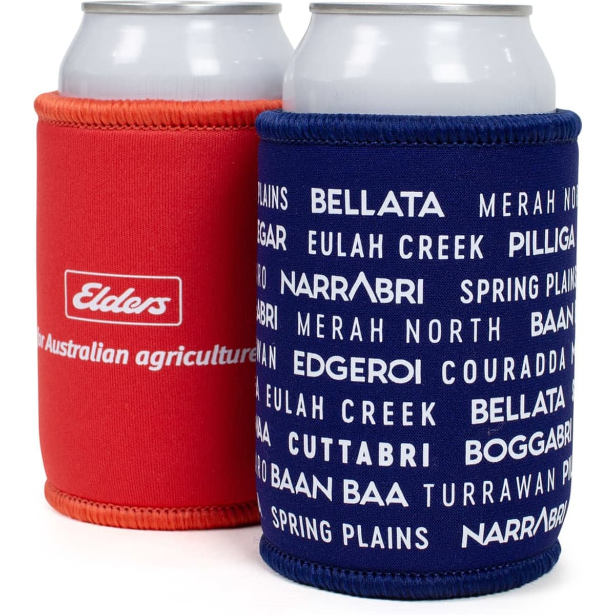Two drink cans in red and navy printed can coolers, featuring a logo on the red cooler and various names on the navy one.