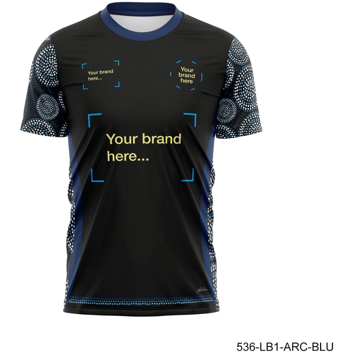 A black sports T-shirt with patterned sleeves and a logo space. Suitable for adults.