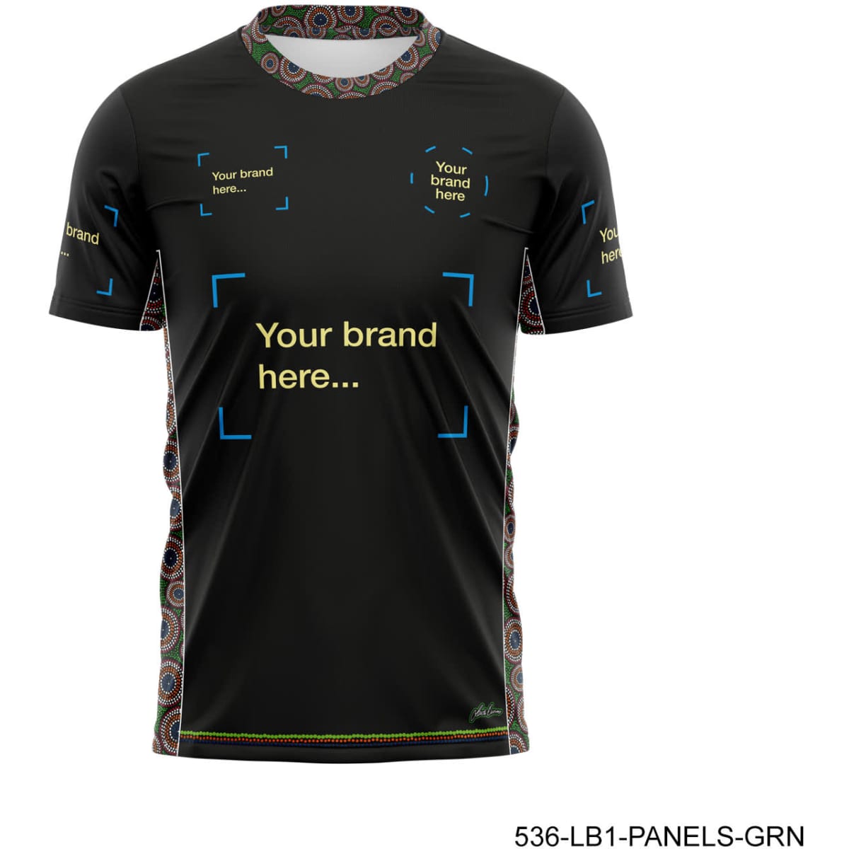A black sports T-shirt featuring vibrant patterned accents and areas for branding.