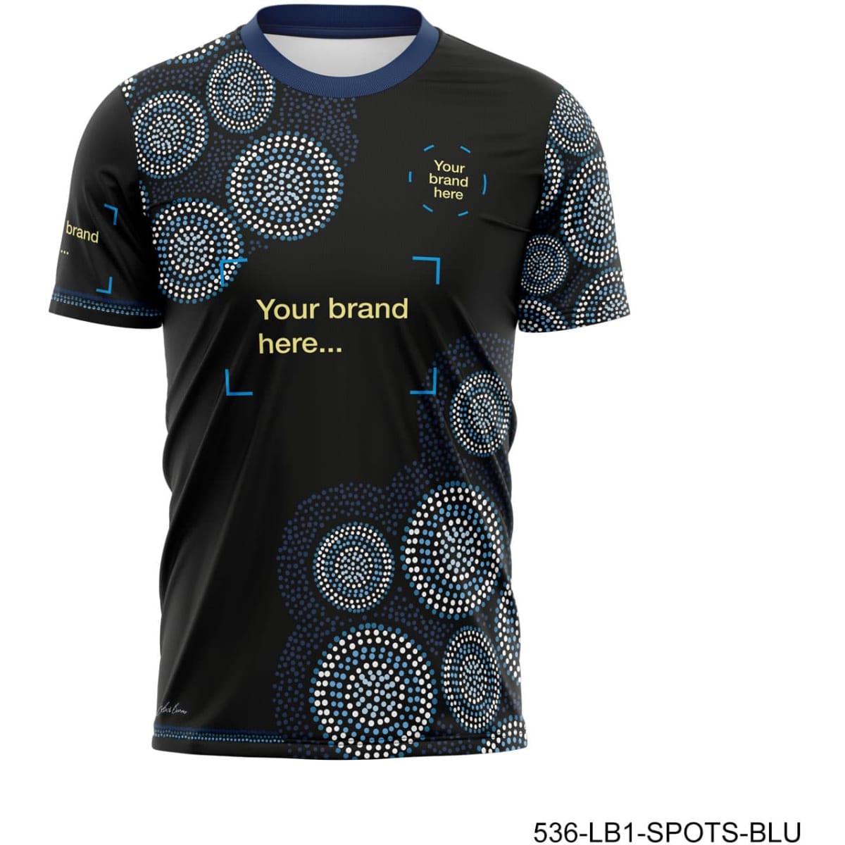 A black polo shirt with blue and white circular patterns, featuring branding elements.