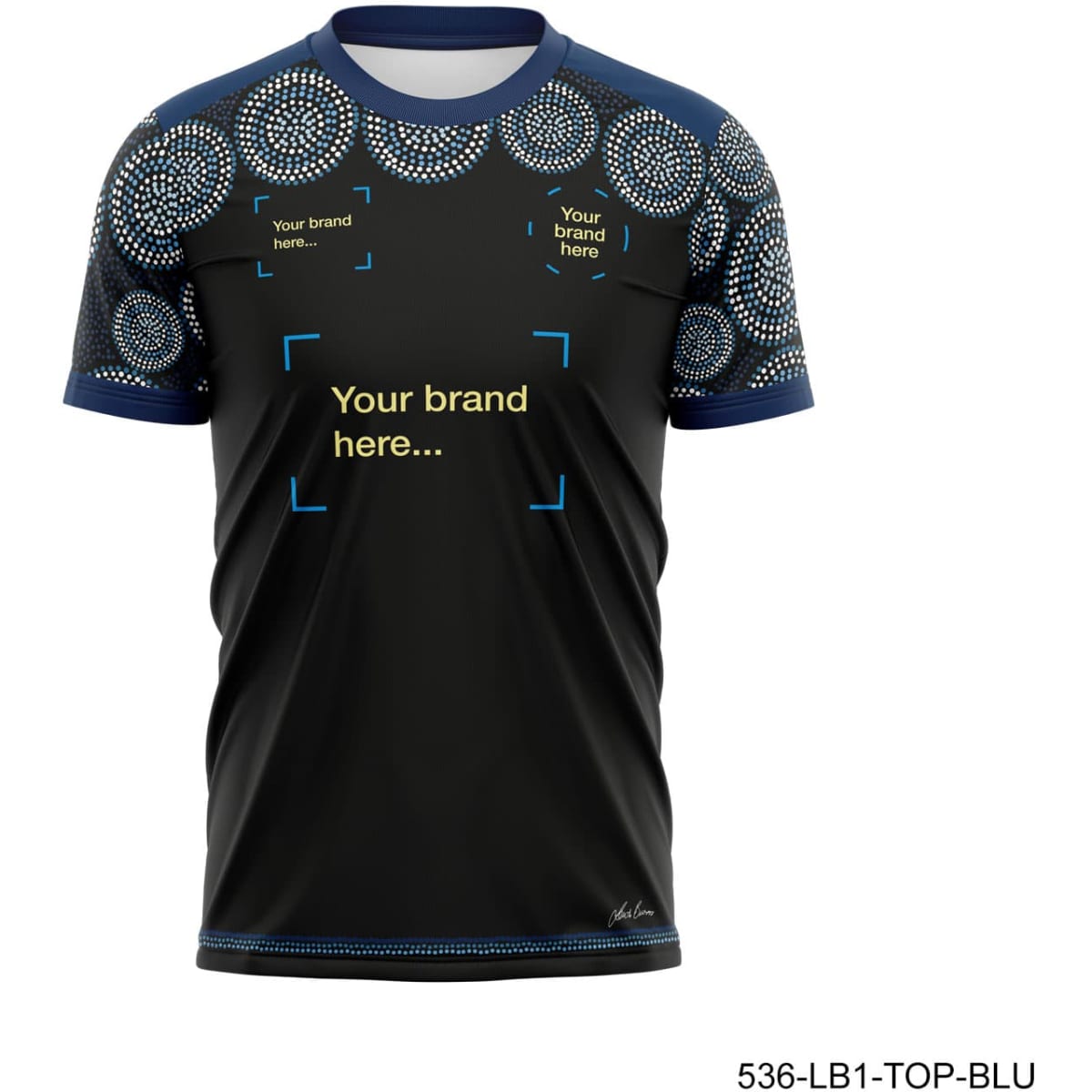 A black sports T-shirt with decorative patterns and a branding space on the front.