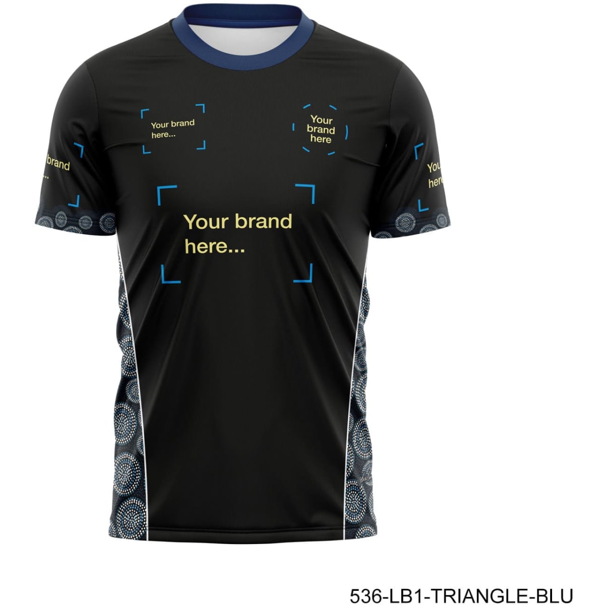 A black sports t-shirt with blue accents and a patterned design on the sides. It features multiple branding areas.